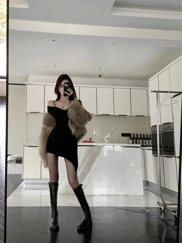 Black Collar Dew Temperament Suspender New Thin Irregular Short Skirt Long Sleeve Spice Girl Bottoming Waist Skirt Dress