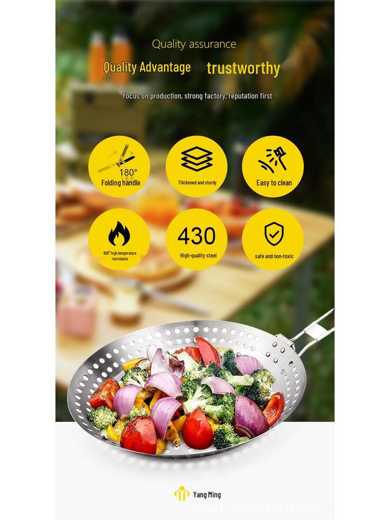 Round Hollow Wooden Handle BBQ Grill Pan for Outdoor Vegetables and Meat