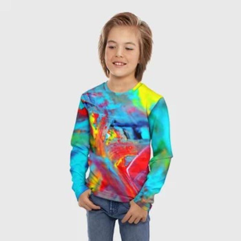 

Children s Tie Dye Cartoon Kitten Print T-shirt Boys Cute Long Sleeved Soft Comfortable Top 170