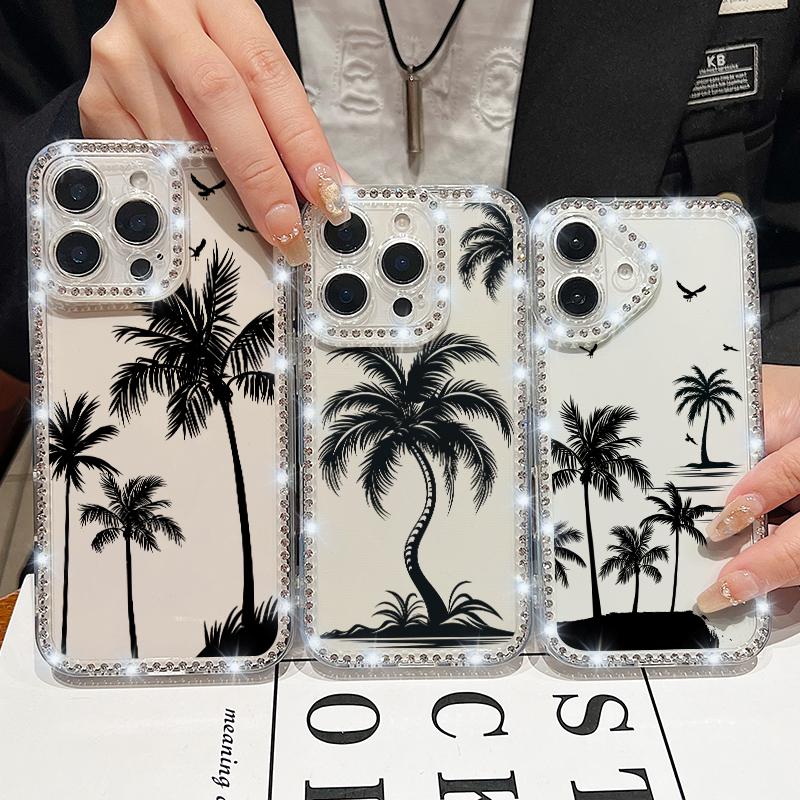 For iPhone 16 16E 15 Pro Max 14 Pro 13 12 11 Case Diamond Frame Coconut Tree Print Clear Shockproof Lens Protection Soft Silicone Phone Cover Shell