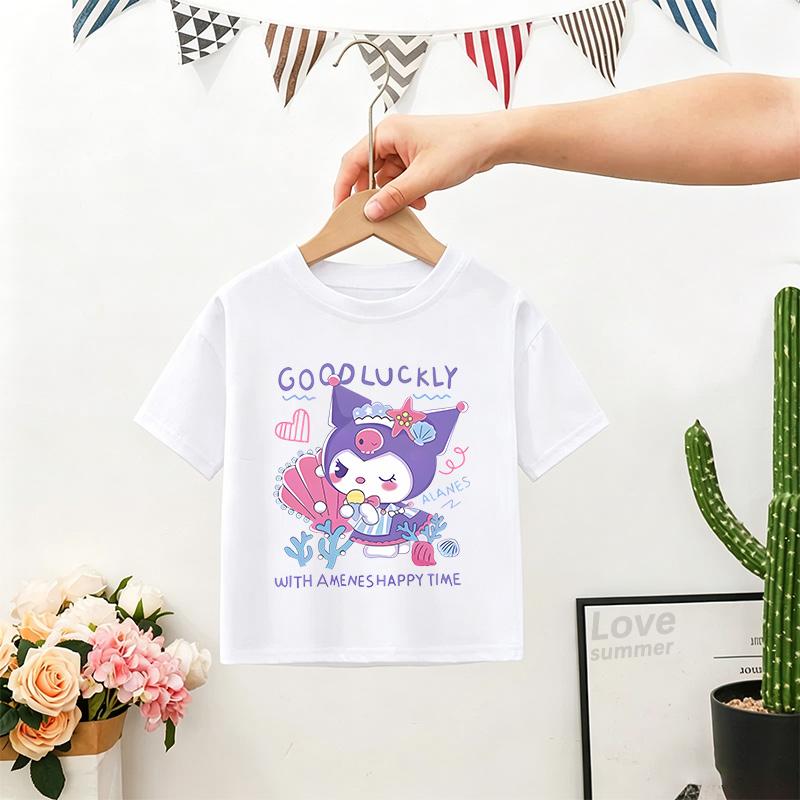 Kuromi Print Summer girls T-shirt My Melody Cute Trend Kawaii Sanrios Girl High Quality Trend Fashion Kid Tops Gift