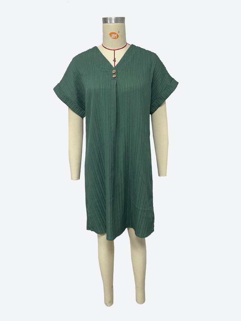 European & American Women's V-neck Solid Color Pullover Dress - 2023 Casual Fashion, Button Detail.