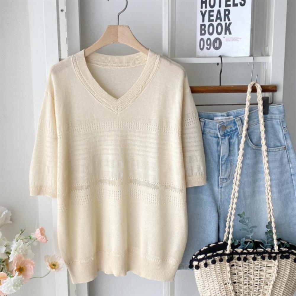 New ArriVals Open Run Women V Neck Short sleeVe Knitted Scallop Viscose