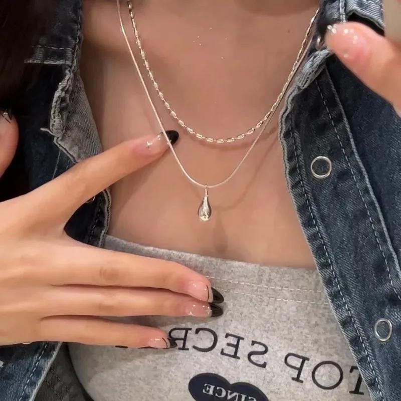 

Fashion Silver Color Double Layer Waterdrop Pendant Necklace for Women Minimalist Metal Bead Clavicle Chain Necklace Jewelry серебряный