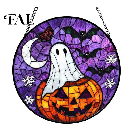 Stained Glass Style Wall Art Halloween Suncatcher Ornament, Vintage Hanging Window Decor with Pumpkin Ghost Bat Witch Festival Atmosphere Gifts