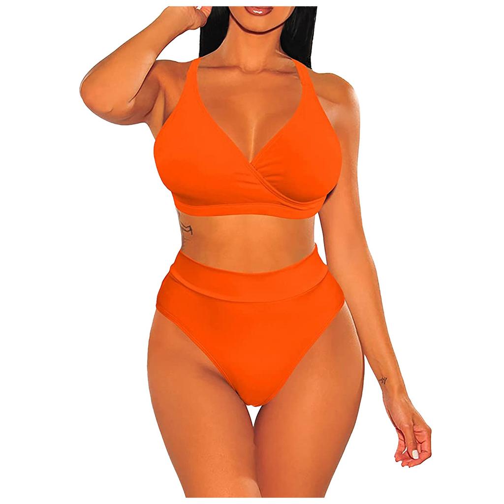 Women Two Piece Bikini Swimsuit High Waist Bottoms Adjustable Tie Straps V Neck Top Beachwear Swimwear Set