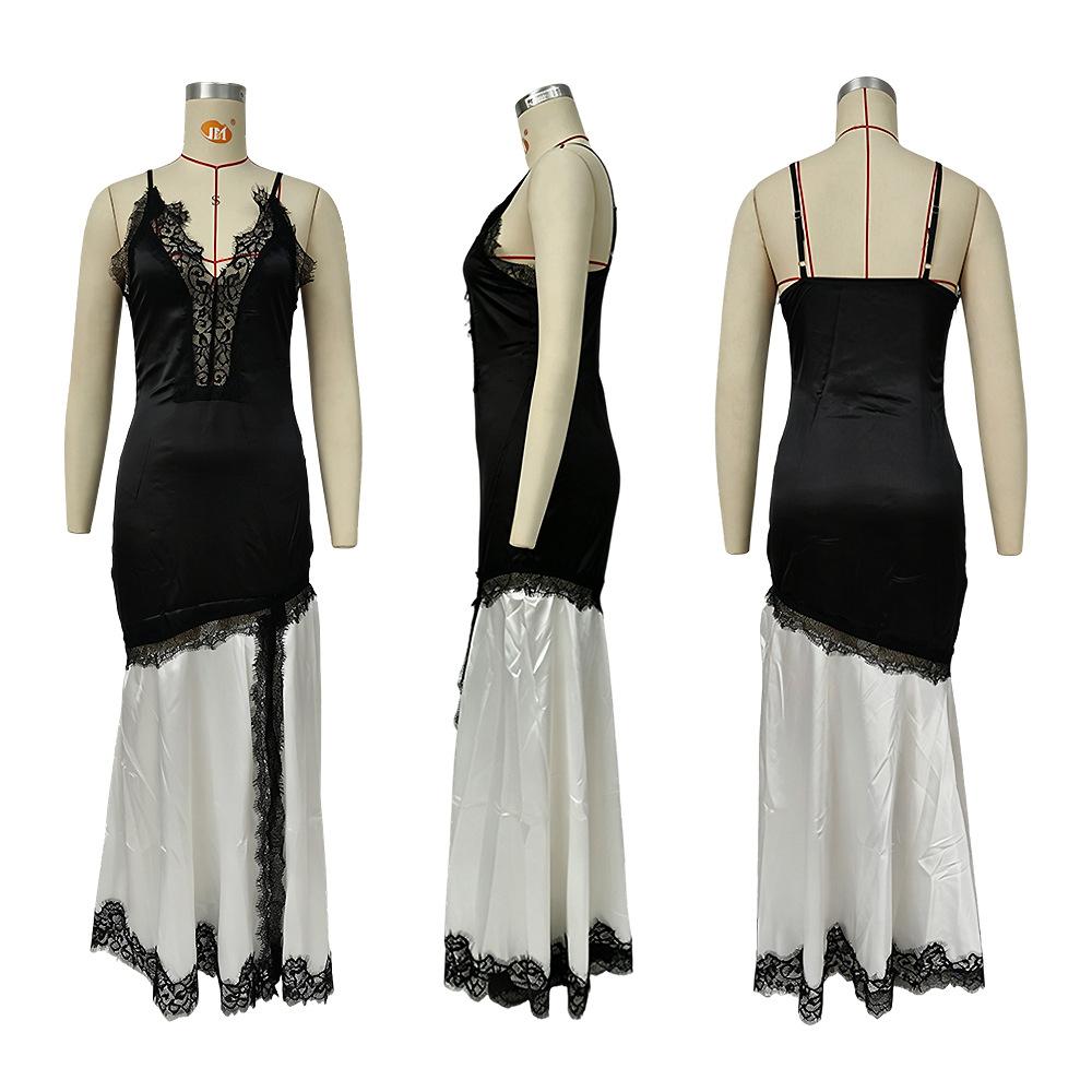 European and American women's clothing color matching dress lace splicing asymmetrical suspender lace split