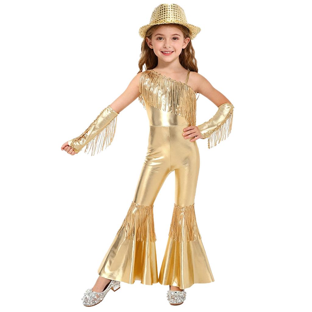 Kids Girls Jazz Disco Dance Jumpsuit Sleeveless One Shoulder Sequins Tassels High Waist Flared with Gloves and Fedora Hat for Banquet Pageant Party
