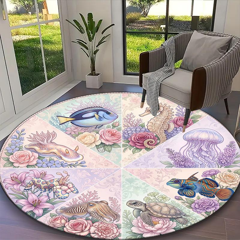 

1pc Office Carpet, Calm Turtle Dolphin Marine Chair Rug, Living Room Printed Round Rug, Home Chair Floor Mat Diameter 60cm