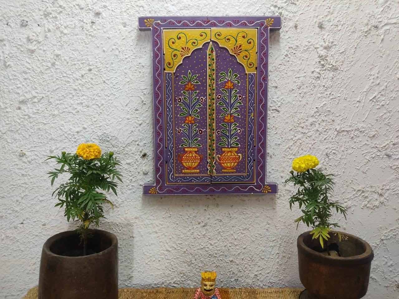Purple Embossed Jharokha: Hand-Carved Indian Window Frame Wall Decor разноцветный