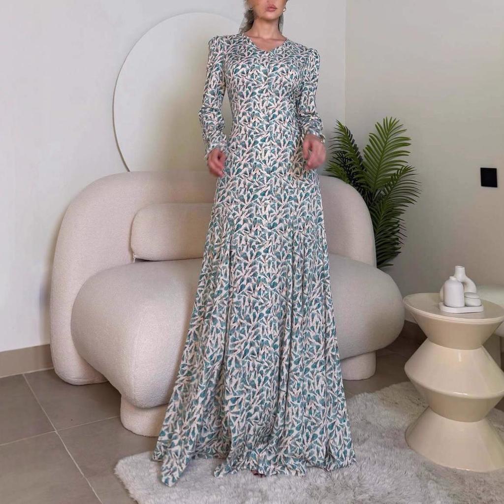 Elegant Retro Print Waist-Gathered Dress - Autumn 2025 Collection: European & American Style for Women