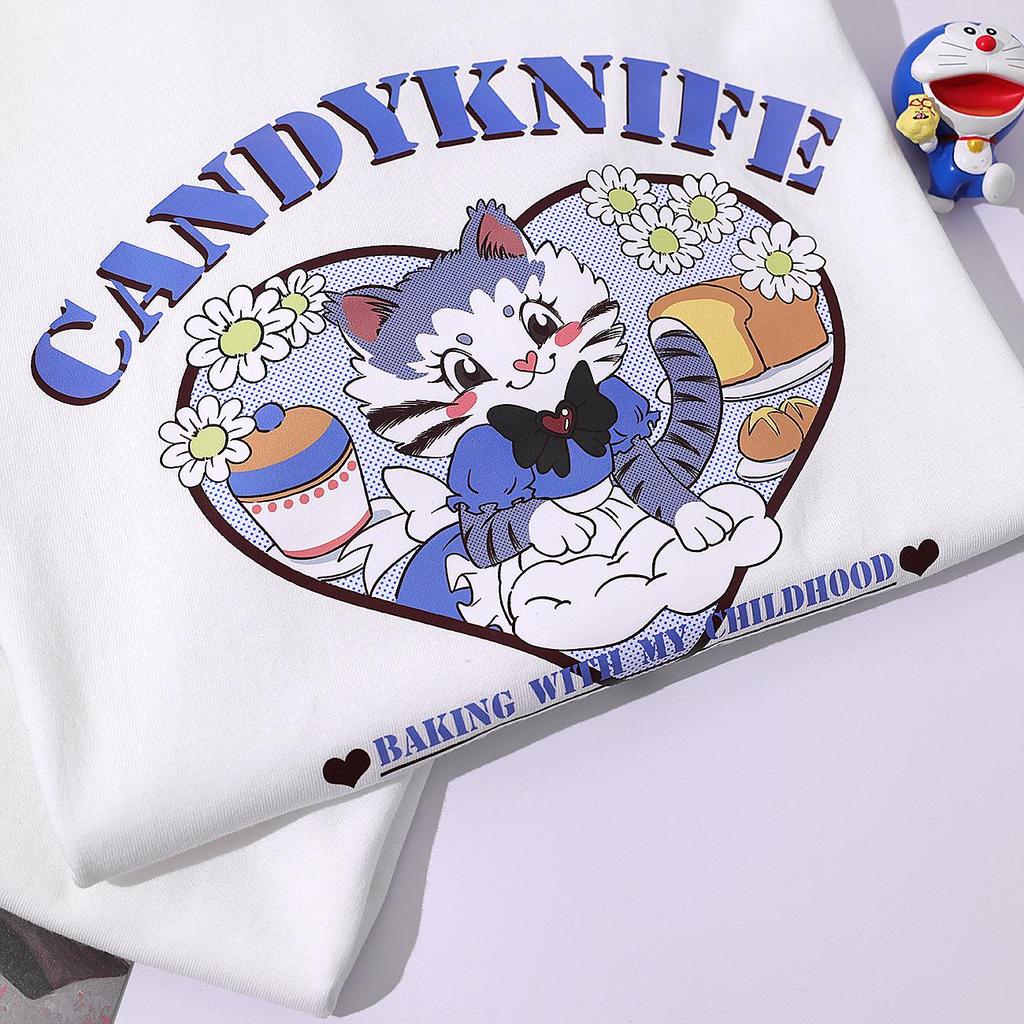 Lazy Style Pure Cotton Cute Kitten Short Sleeve Casual T-Shirt for Summer