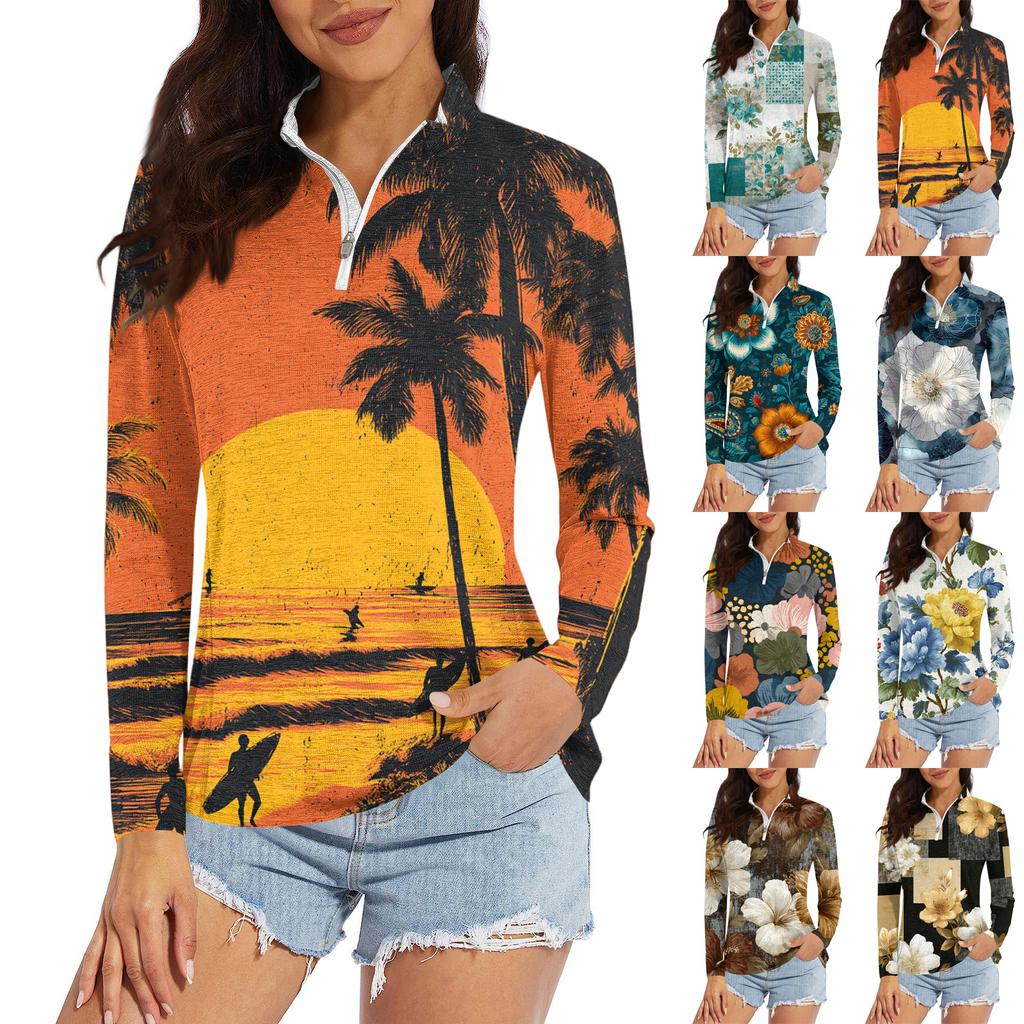 Women's Casual Fashion Retro Floral Print Long Sleeve Zipper Neck Top T-shirt