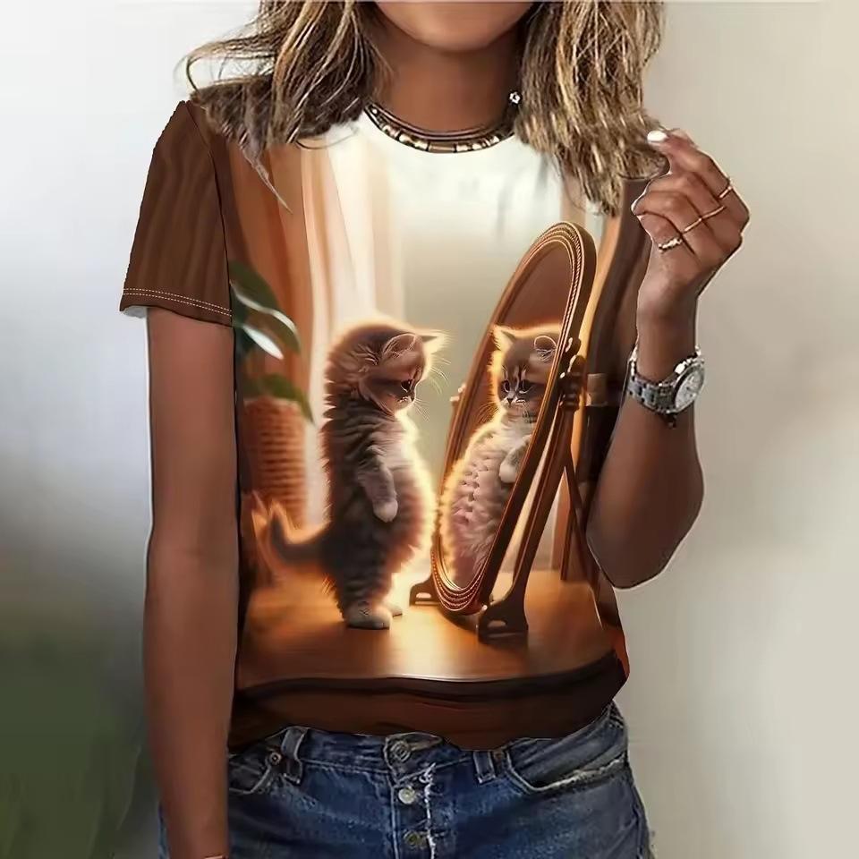Women's T-shirt 3D Cartoon Animal Print Casual Round Neck Short Sleeved Summer Loose Top Y2k T-shirt