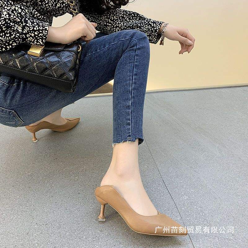 3Cm Not Tired Feet High Heels Annual Thin Heel 5cm Pointed Soft Leather Middle Heel Single Shoes Shallow Mouth Work Shoes