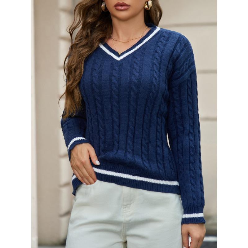 Damen V-Ausschnitt Langarm Pullover Strickpullover