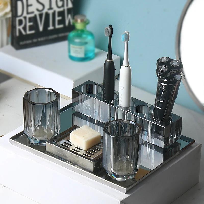European Grey Crystal Glass Lotion Bottle Mouthwash Cup Toothbrush Shelf Bathroom Accessories Luxury Crystal Toothbrush Shelf