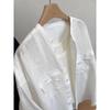 Women White Stand Collar Pocket Long Sleeve Linen Blend Shirt