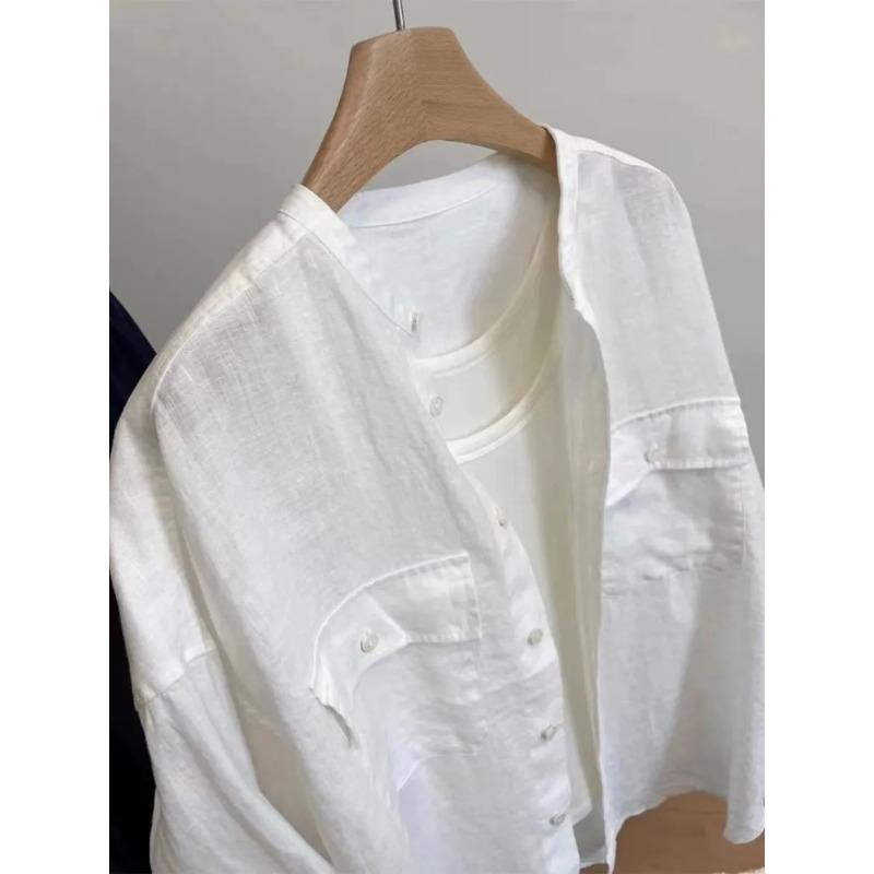 Women White Stand Collar Pocket Long Sleeve Linen Blend Shirt