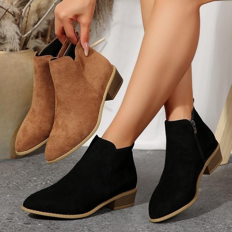 Plus-size Shoes and Ankle Boots, Pointed Side Zipper Mid-heel Chunky-heeled