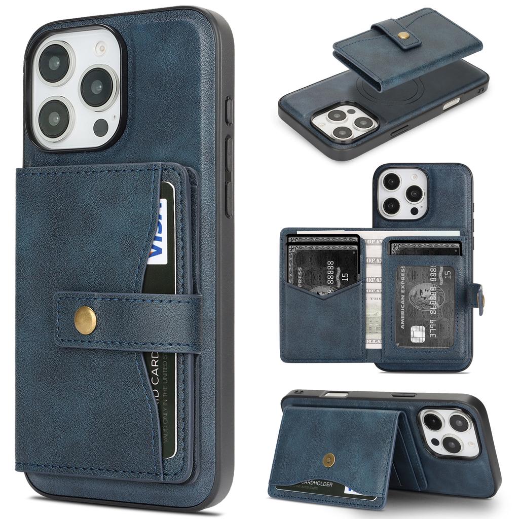 For iPhone 15 Pro Kickstand Case Detachable Card Bag Compatible with MagSafe PU Leather Coated TPU Phone Cover