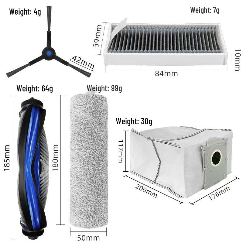 Ecovacs X8 Pro Plus Accessories: Main Brush Roller, Side Brush, Dust Bag, Mop, Filter Screen Kit