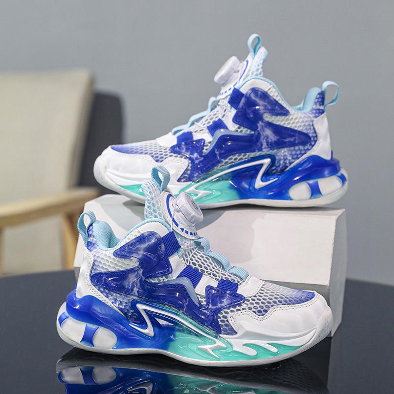 Youth Basketball Shoes Lightweight Shock-absorbing Single Mesh Shoes Breathable Summer New Double Mesh Rotating Buckle Boys Running Shoes