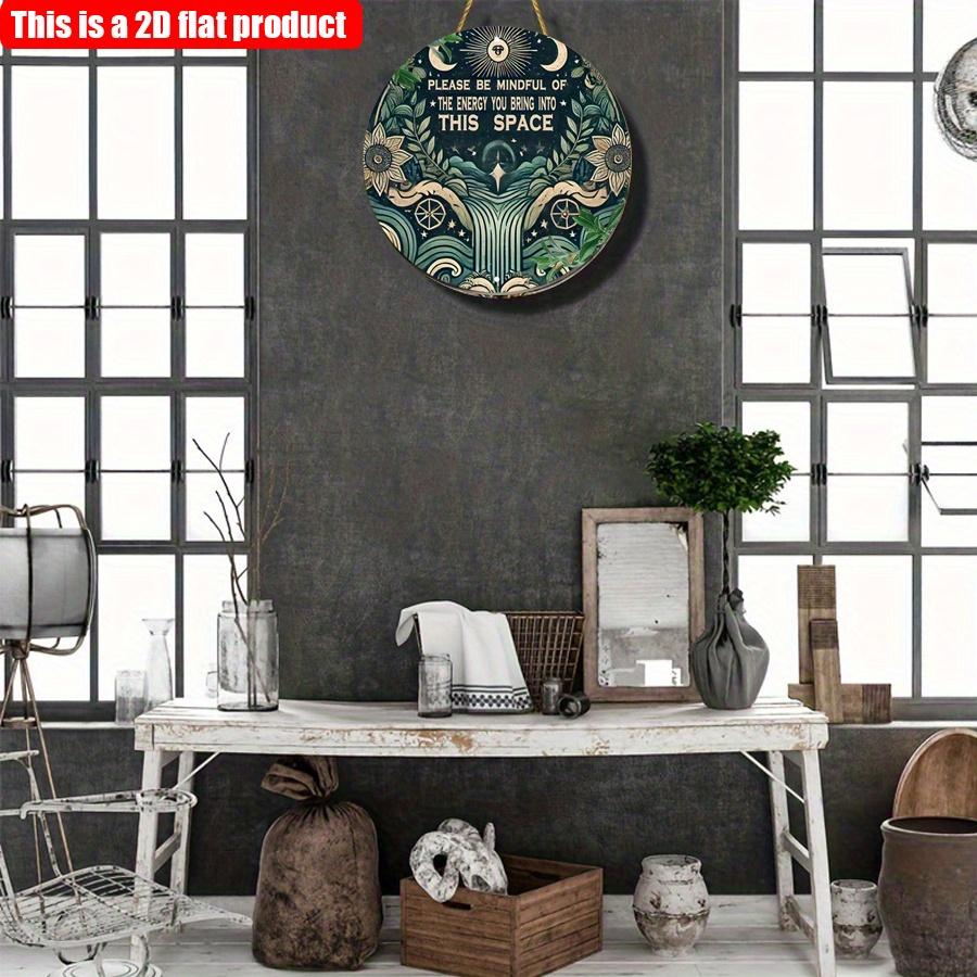 2D Flat 20*20cm1pc Please Be Mindful of the Engrgy You Bring Into This Space Wooden Decoration, Antique Floral &Moon Design Bar, Cafe Bedroom Backyard