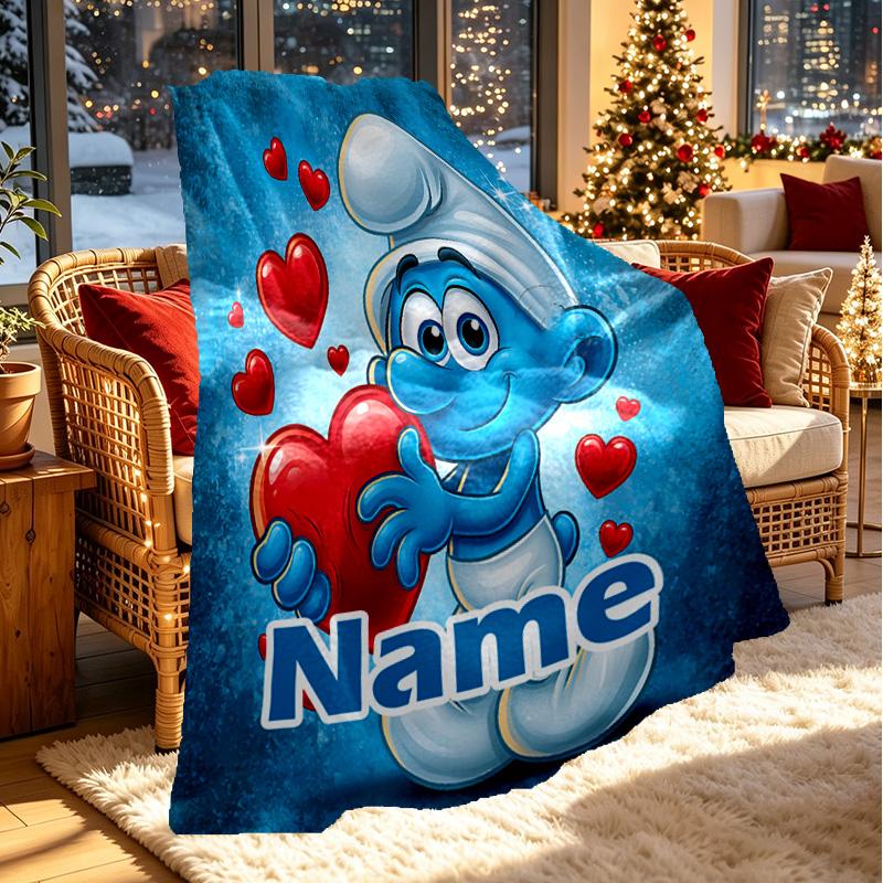 Custom Name Personalized Blue Smurfs Print Blanket, Home Decor, Bedroom, Sofa, Camping, Couch, Gifts for Birthday Christmas