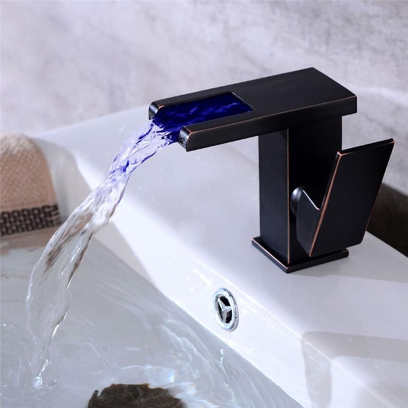 LED Basin Faucet Hot and Cold Square Basin Faucet Brass Waterfall Crane Sink Faucet Single Handle Water Tap