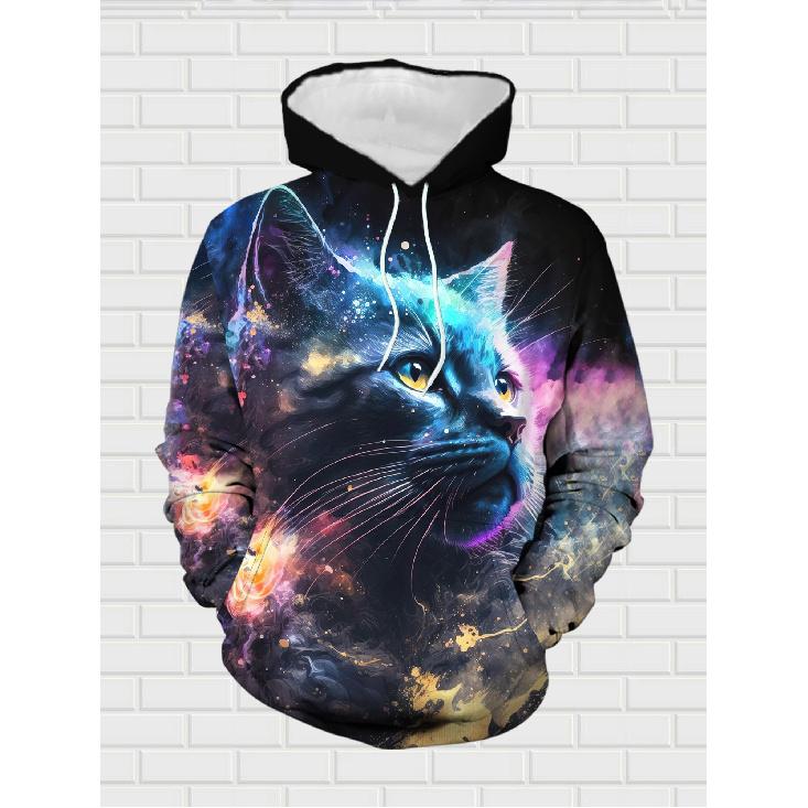 Hooded Men's Fashion Winter Casual Trendy Galaxy Cat 3D Print Pullover Hoodie Sweatpants Set Adults Men Street Style Cozy Casual Wear Holiday Gift