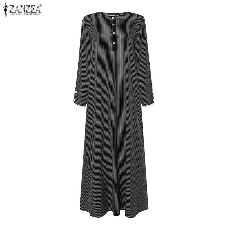 ZANZEA Oversized Dames Gestreept Lange Mouwen Maxi Jurk Knoopsteek Vintage Elegante Lange Hemdjurk