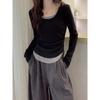 Stylish Patchwork Long-Sleeve Slim T-Shirt for Women, Spring/Autumn