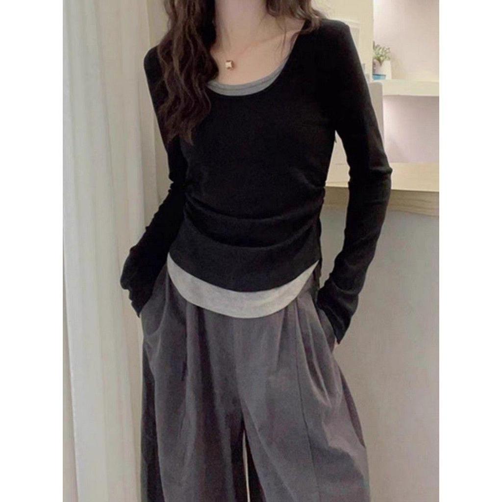 Stylish Patchwork Long-Sleeve Slim T-Shirt for Women, Spring/Autumn