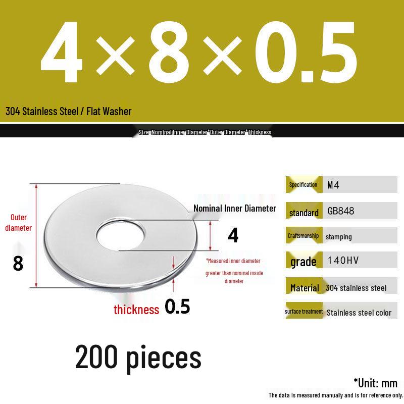 304 Stainless Steel Thickened Flat Washer Set, Sizes 2-36