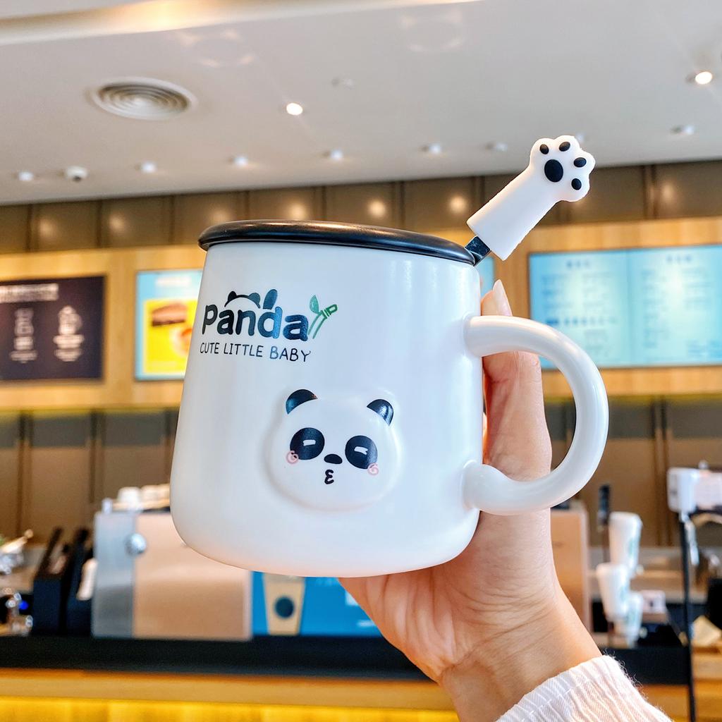 High Value Panda Mug with Lid Spoon Couple Ceramic Cup Children's Home Drinking Water Cup Office Coffee Cup