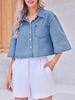 Womens Cropped Denim Shirt Jacket Half Sleeve Button Down Jean Jacket