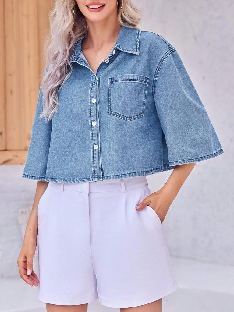 Womens Cropped Denim Shirt Jacket Half Sleeve Button Down Jean Jacket