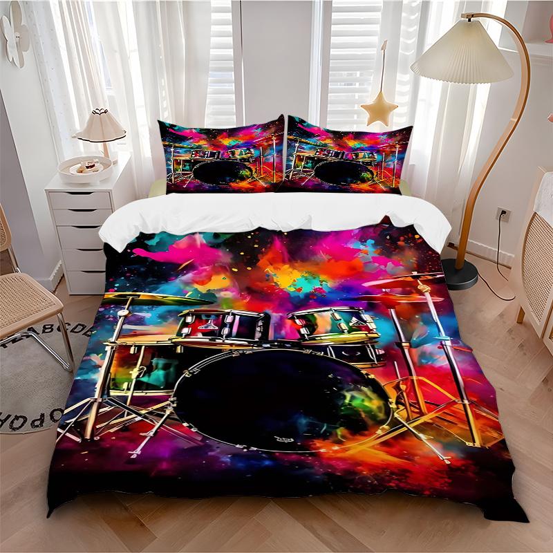 3pcs Colorful Drum Set Print Comforter Set with One Quilt Cover and Two Pillowcases (No Core) - Festival Gift for Home Decor, Anime Cartoon Design, Po
