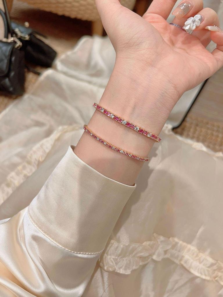 Gradient Pink Diamond 2mm Tennis Bracelet - High-End Light Luxury 925 Silver Starlight Design for Women