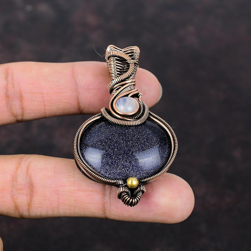 Blue Sunstone Pendant Copper Wire Wrapped Pendant Rainbow Moonstone Jewelry Gemstone Pendant Handmade Copper Wire Wrap Jewelry Wedding Gift