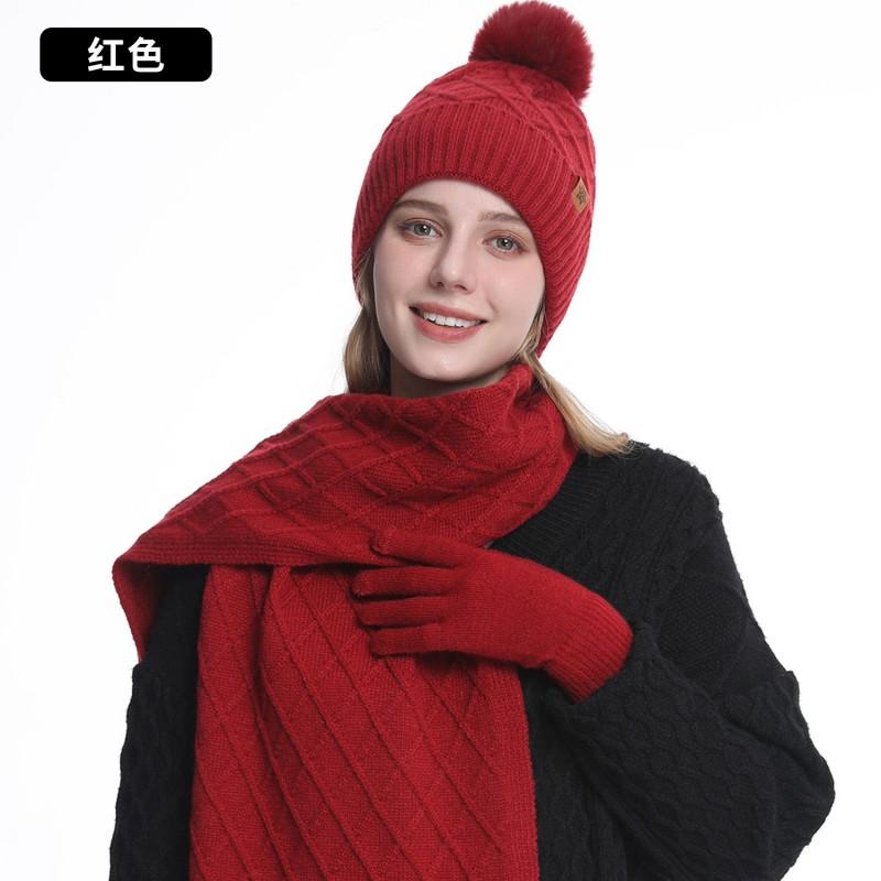 Women Winter Warm Knit Hat Scarf Gloves Set Alpaca Blend Double-Layer Fleece Lined Outdoor Cycling Ear Protection