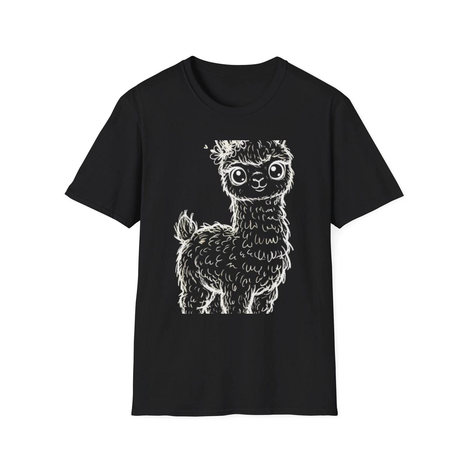 Llama Crown Floral Hand-Drawn Black Tee Cute Kawaii Graphic T-Shirt L