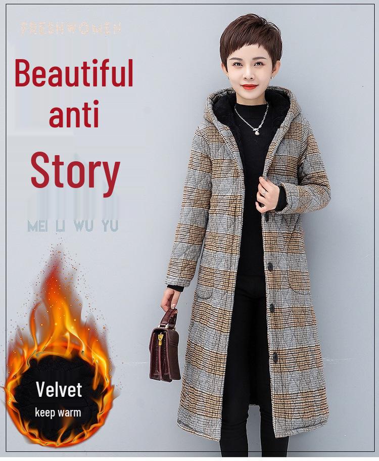 Women's Mid-length Plaid Cotton Coat - Velvet-lined, Thickened for Autumn/Winter