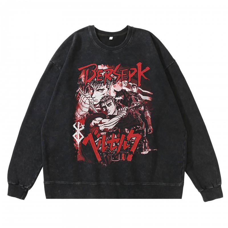 Heavyweight 360g Washed Vintage Berserk Anime Streetwear Cotton Pullover Hoodie-Free Crewneck Sweatshirt Men
