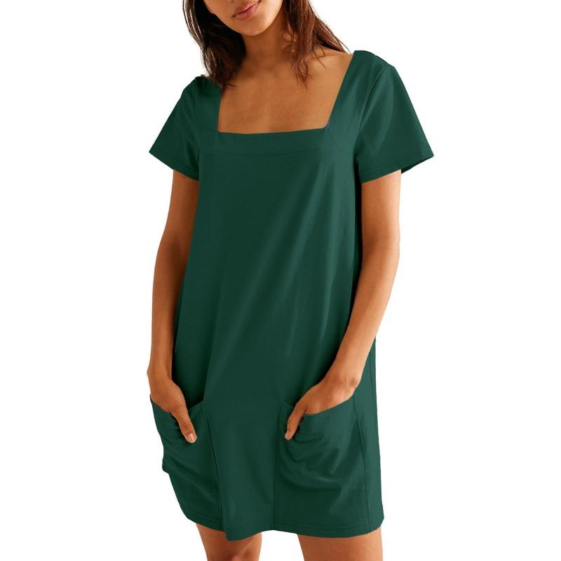 Women's Square-neck Short-sleeved Fashionable Short Skirt Pocket Casual Dress