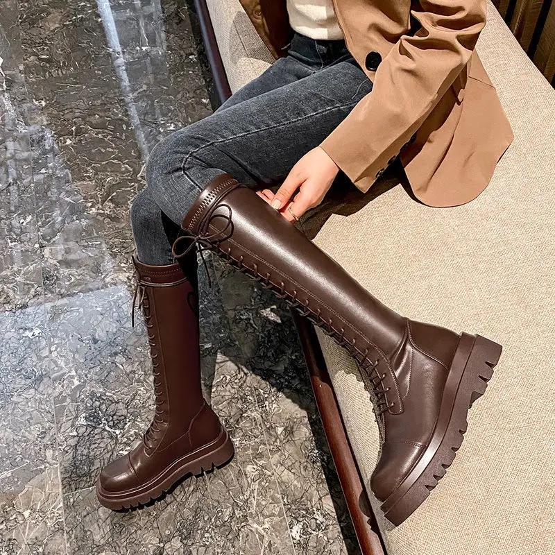 

Новые утолщенные зимние сапоги рыцаря, женские сапоги до колена, на длинном квадратном каблуке, мотоциклетные черные, белые сапоги в стиле ретро, ​​Botas Mujer 37 коричневый