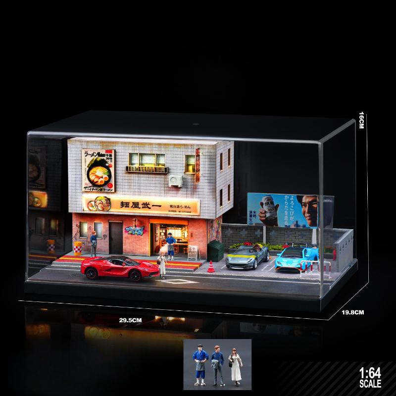Simulation 1/64 Japanese Ramen Store Scene Car Model Parking Lot Micro-architecture Desktop Display Box Home Decor Collection