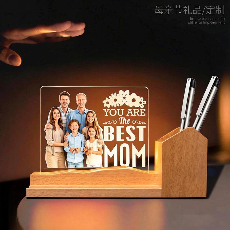Photo Acrylic Night Light Custom Picture LED Lamp with Wooden Base for Mother's Day Father's Day Birthday Gifts Home Decor