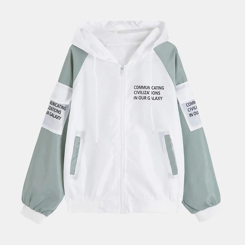 Women's Letter Printed Color Blocking Loose Hooded Long Sleeve Jacket